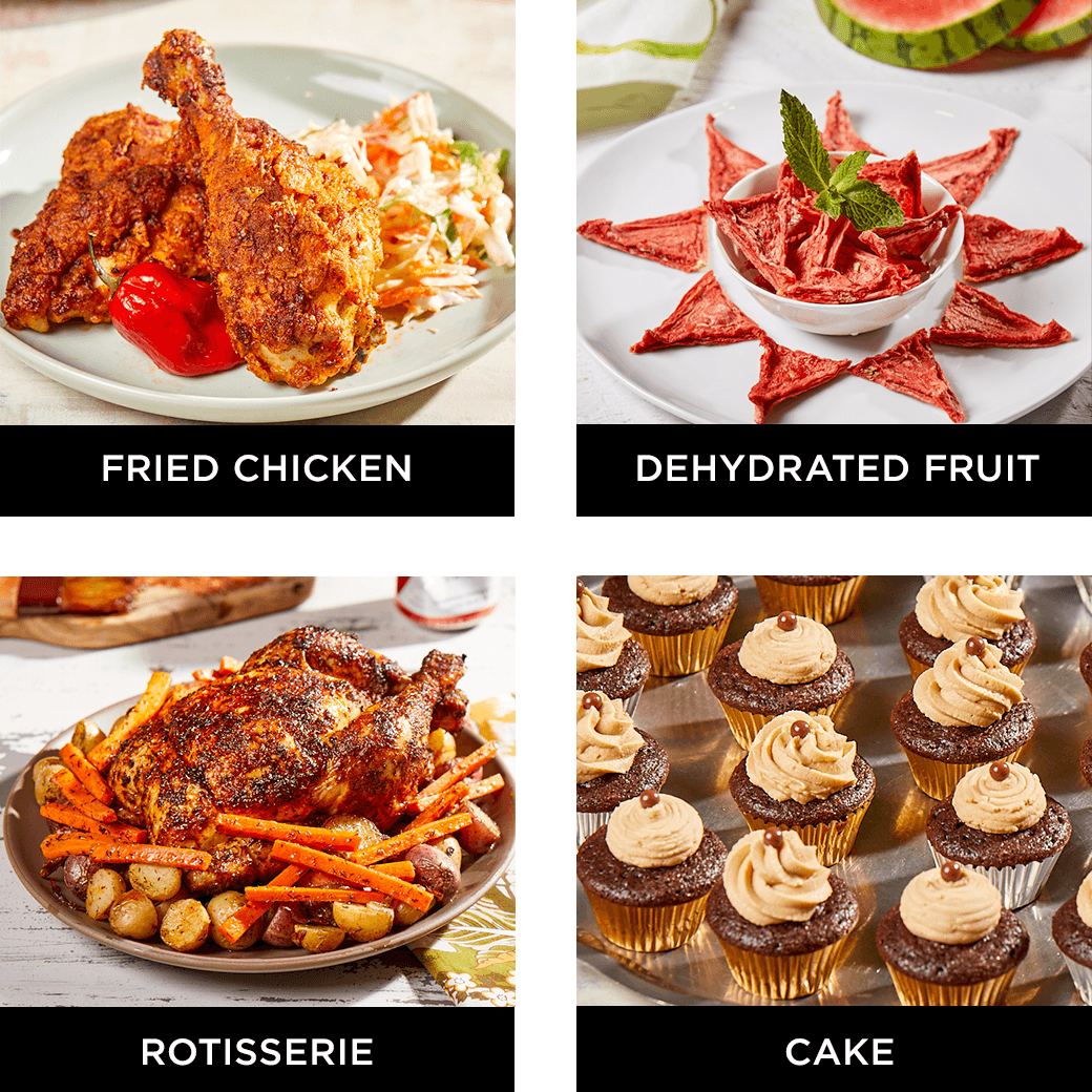 air fried fried chicken, rotisserie chicken, dehydrated vegetables, cake