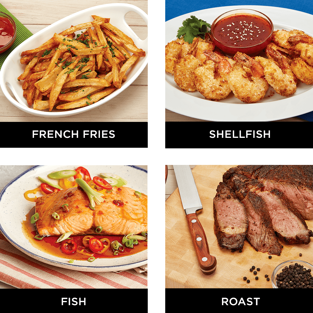 air fried French fries, fried shrimp, fish, steak